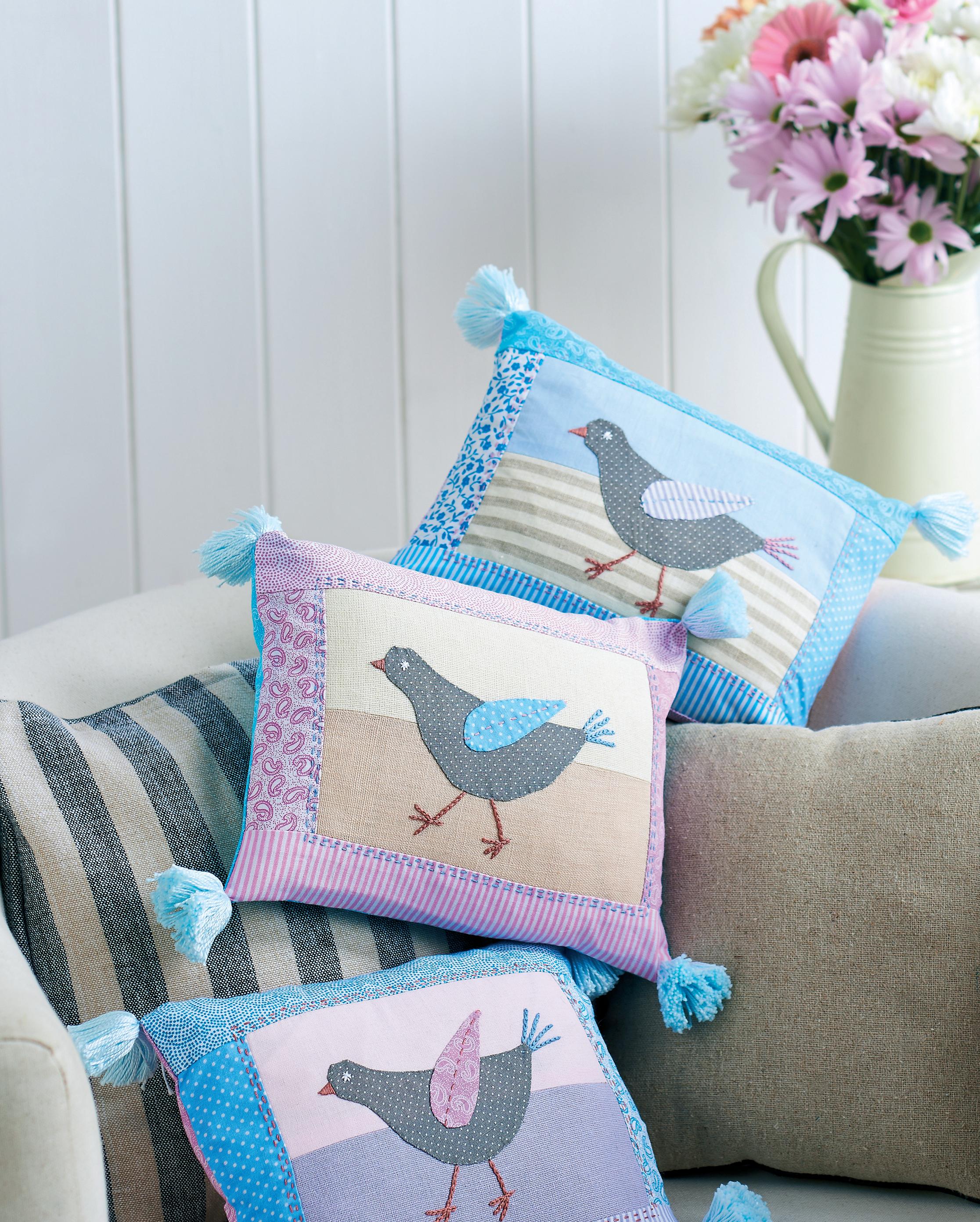 Applique Bird Cushions with Pom Poms Free sewing patterns Sew Magazine