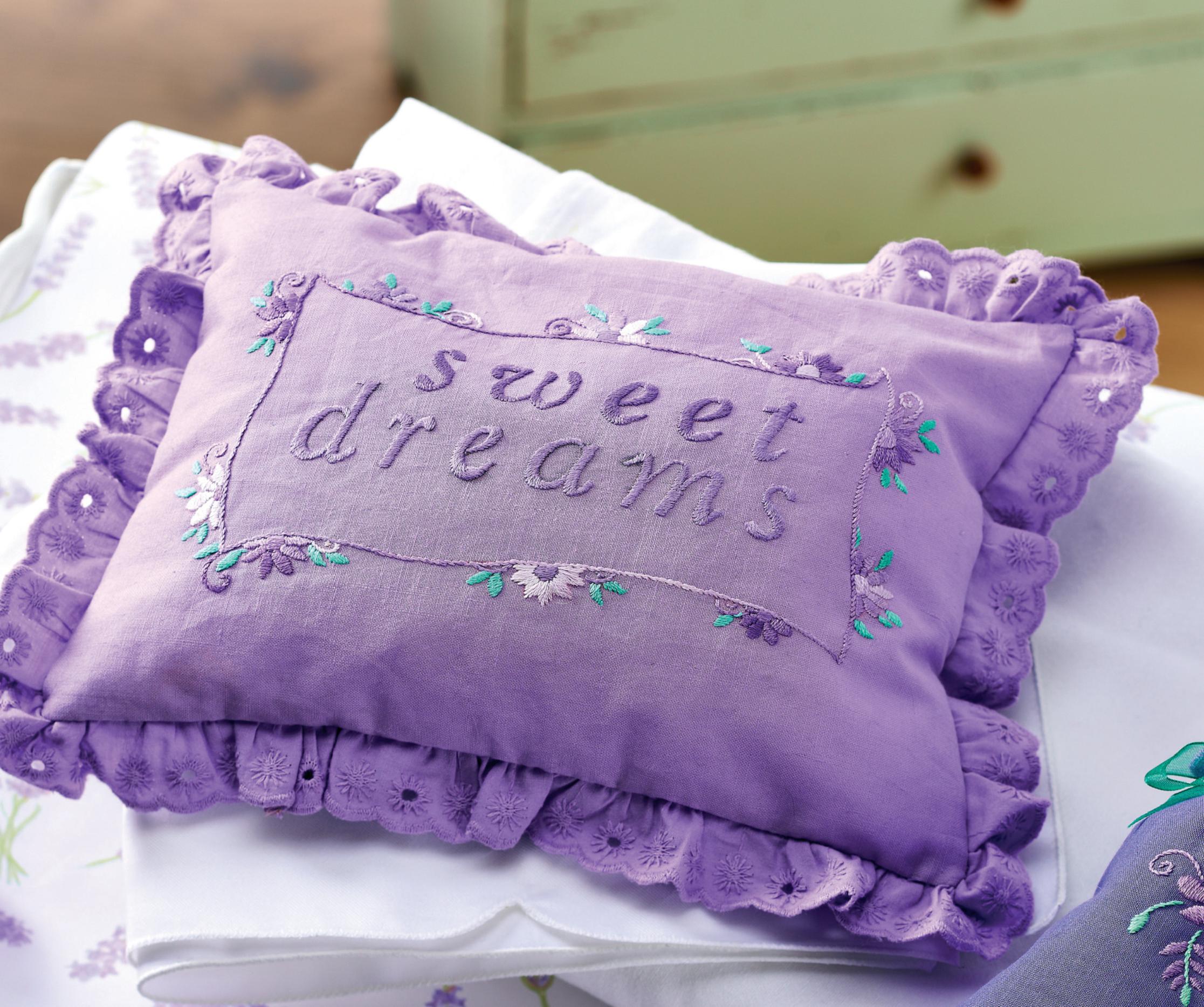 Embroidered Lavender Pillow set Free sewing patterns Sew Magazine